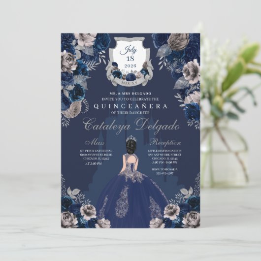 Navy Blue & Silver Princess Castle Quinceañera Kaart (Staand voorkant)