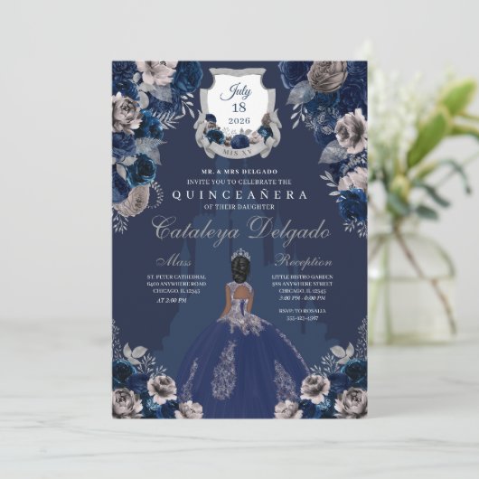 Navy Blue & Silver Princess Castle Quinceañera Kaart (Staand voorkant)