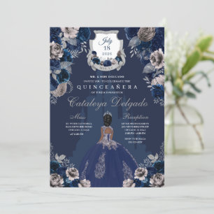 Navy Blue & Silver Princess Castle Quinceañera Kaart