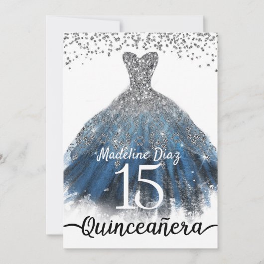 Navy Blue Silver Quinceanera Birthday Uitnodiging (Voorkant)