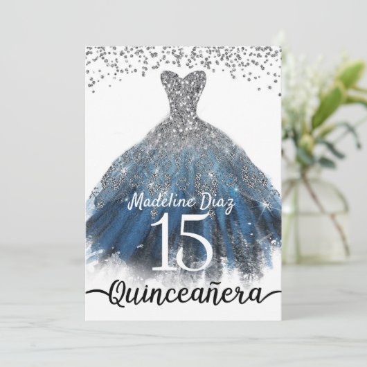 Navy Blue Silver Quinceanera Birthday Uitnodiging (Staand voorkant)