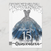 Navy Blue Silver Quinceanera Birthday Uitnodiging (Voorkant / Achterkant)
