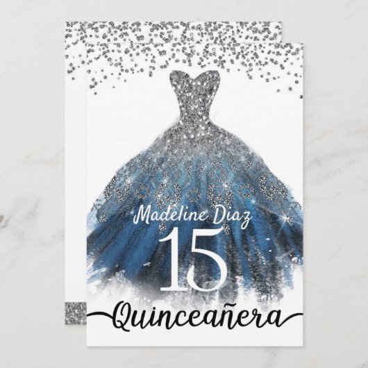 Navy Blue Silver Quinceanera Birthday Uitnodiging (Voorkant / Achterkant)
