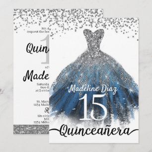 Navy Blue Silver Quinceanera Birthday Uitnodiging