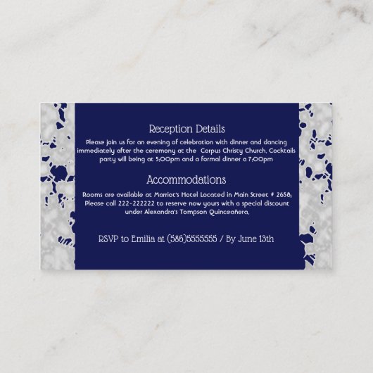 Navy Blue Silver Quinceanera Boho Spaans Informatiekaartje (Achterkant)