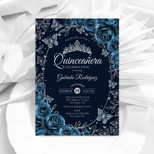 Navy Blue Silver Quinceanera Kaart
