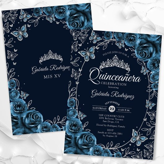 Navy Blue Silver Quinceanera Kaart