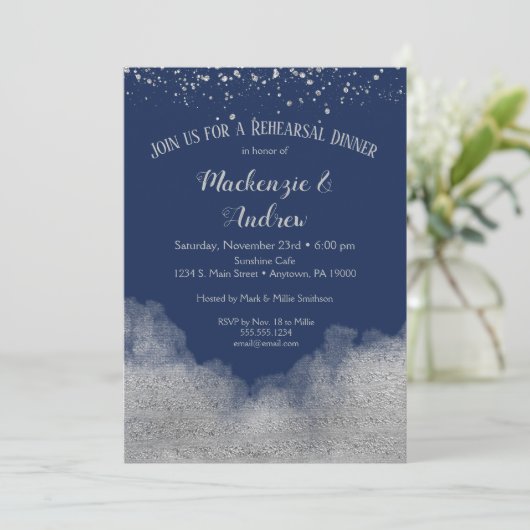 Navy Blue Silver Rehearsal Dinner Invitation Kaart (Staand voorkant)