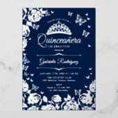 Navy Blue Silver Rozen Quinceanera RSVP QR-code Folie Uitnodiging (Voorkant)