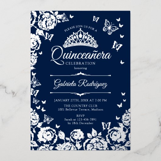 Navy Blue Silver Rozen Quinceanera RSVP QR-code Folie Uitnodiging (Voorkant)