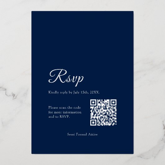 Navy Blue Silver Rozen Quinceanera RSVP QR-code Folie Uitnodiging (Achterkant)