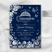 Navy Blue Silver Rozen Quinceanera RSVP QR-code Folie Uitnodiging