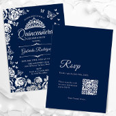 Navy Blue Silver Rozen Quinceanera RSVP QR-code Folie Uitnodiging
