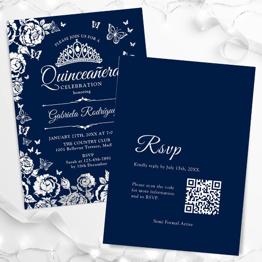 Navy Blue Silver Rozen Quinceanera RSVP QR-code Folie Uitnodiging