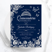 Navy Blue Silver Rozen Vlinders Quinceanera Kaart