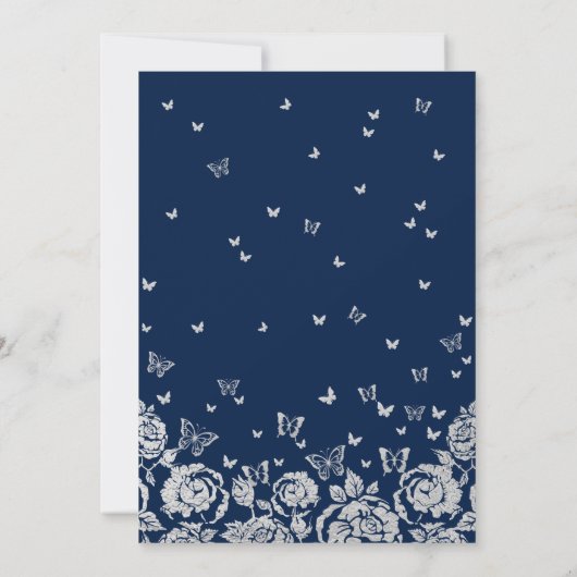 Navy Blue Silver Rozen Vlinders Quinceanera Kaart (Achterkant)