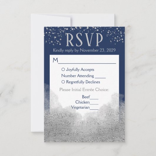 Navy Blue Silver RSVP Wedding Response Meal Kaartje (Voorkant)