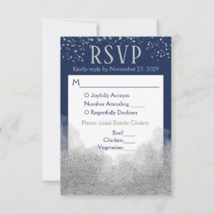 Navy Blue Silver RSVP Wedding Response Meal Kaartje