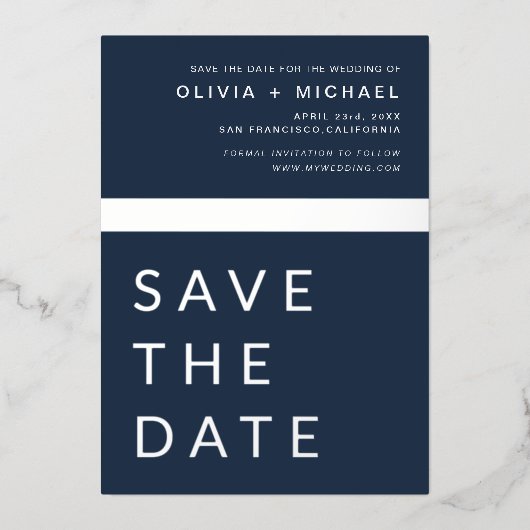 Navy Blue Silver Save the Date Elegant Folie Uitnodiging (Voorkant)
