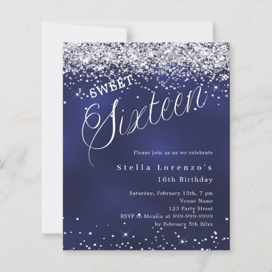 Navy blue silver script Sweet 16 invitation (Voorkant)
