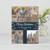 Navy Blue Silver Snowflake kerstcollage foto Feestdagenkaart (Staand voorkant)
