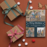 Navy Blue Silver Snowflake kerstcollage foto Feestdagenkaart<br><div class="desc">Vrolijk kerstkaartjes met afbeeldingen met fotocollage, met drie (3) afbeeldingen, witte scripttypografie en een zilveren sneeuwvlokgrens tegen de klassieke blauw van de marine. Dezelfde rand met een sneeuwvlokpatroon op een blauwe achtergrond, past de achterkant van dit ontwerp aan. Eenvoudig aan te passen met uw favoriete foto's, kleuren en tekst. Fotografie...</div>