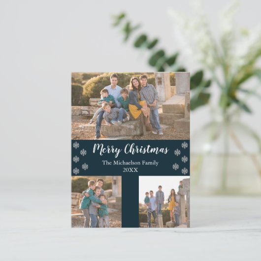 Navy Blue Silver Snowflake kerstcollage foto Feestdagenkaart (Staand voorkant)