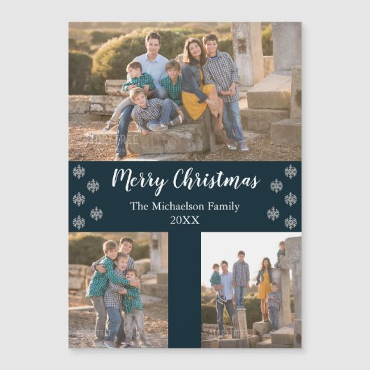 Navy Blue Silver Snowflake kerstfoto Magnet (Voorkant)