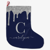 Navy Blue Silver Sparkle Glitter Driemonogram Grote Kerstsok (Voorkant)