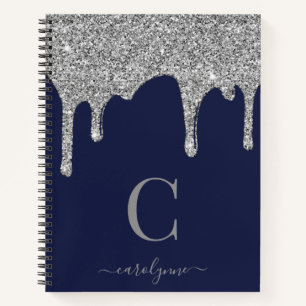 Navy Blue Silver Sparkle Glitter Driemonogram Notitieboek