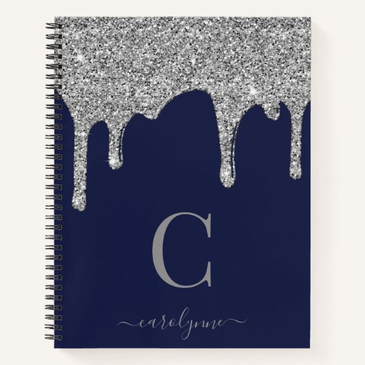 Navy Blue Silver Sparkle Glitter Driemonogram Notitieboek (Voorkant)