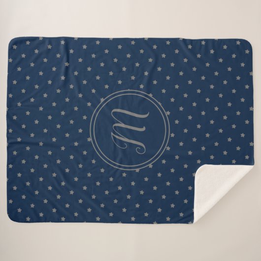 Navy Blue Silver Stars Patroon Elegant Monogrammed Sherpa Deken (Voorkant (horizontaal))