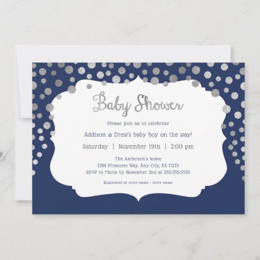Navy Blue Silver stippen Boy Baby Shower Uitnodigi Kaart (Voorkant)