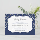 Navy Blue Silver stippen Boy Baby Shower Uitnodigi Kaart (Staand voorkant)