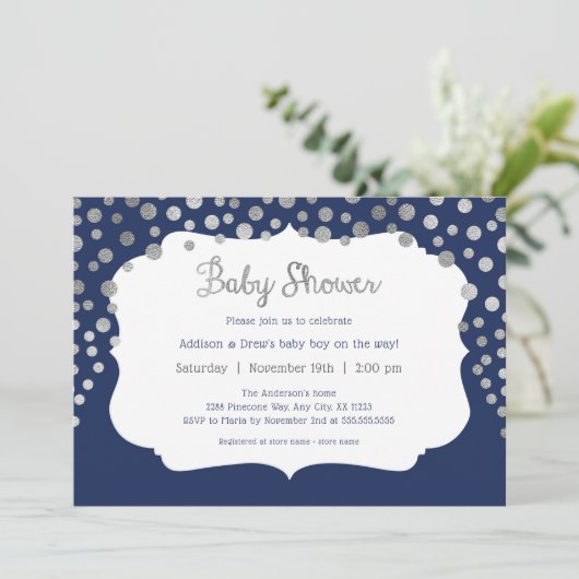 Navy Blue Silver stippen Boy Baby Shower Uitnodigi Kaart (Staand voorkant)