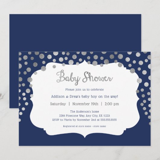 Navy Blue Silver stippen Boy Baby Shower Uitnodigi Kaart (Voorkant / Achterkant)