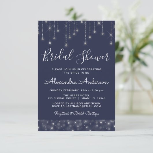 Navy Blue Silver String Lights Vrijgezellenfeest Kaart (Staand voorkant)