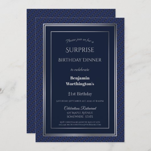 Navy Blue Silver Surprise 21ste verjaardag diner Kaart (Voorkant / Achterkant)