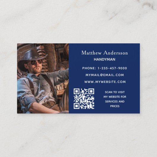 Navy blue Silver Tools home repareert foto QR code Visitekaartje (Achterkant)
