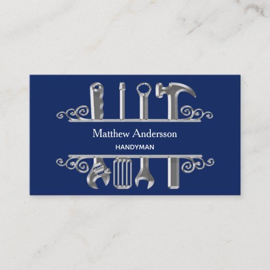 Navy blue Silver Tools home repareert foto QR code Visitekaartje (Voorkant)