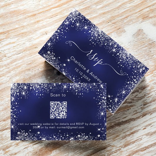 Navy blue Silver trouwwebsite RSVP QR-code Informatiekaartje