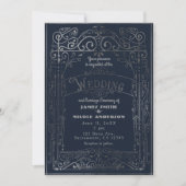 Navy Blue & Silver  Victoriaans Deco Wedding Kaart (Voorkant)