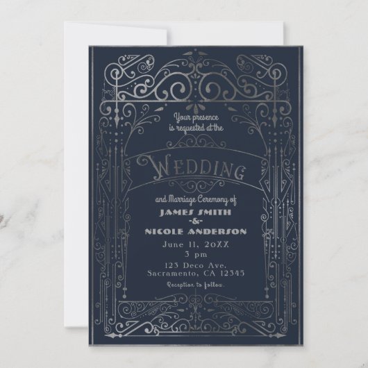 Navy Blue & Silver  Victoriaans Deco Wedding Kaart (Voorkant)