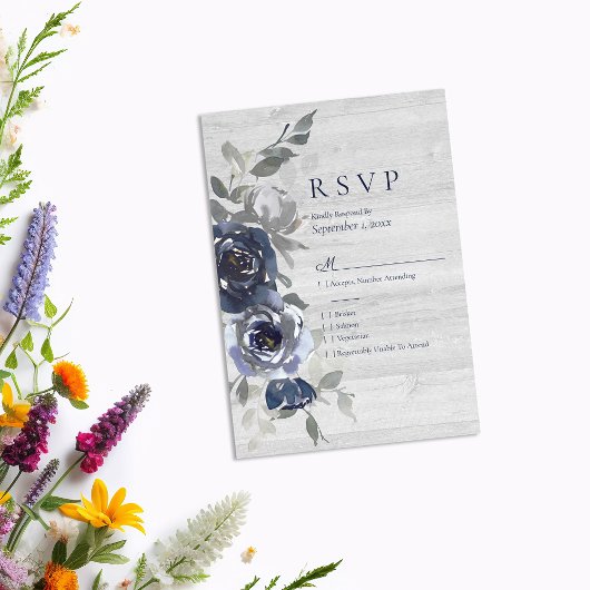 Navy Blue Silver Waterverf Bloemen RSVP Bruiloft