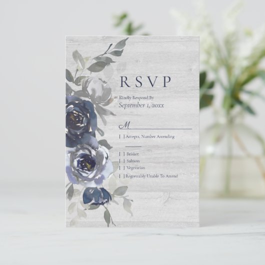 Navy Blue Silver Waterverf Bloemen RSVP Bruiloft (Staand voorkant)