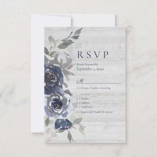 Navy Blue Silver Waterverf Bloemen RSVP Bruiloft Kaartje (Voorkant)