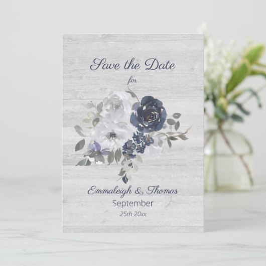 Navy Blue Silver Waterverf Floral Save the Date (Staand voorkant)