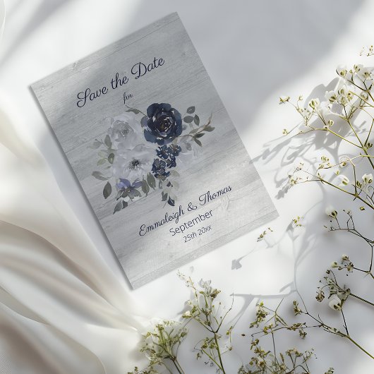 Navy Blue Silver Waterverf Floral Save the Date