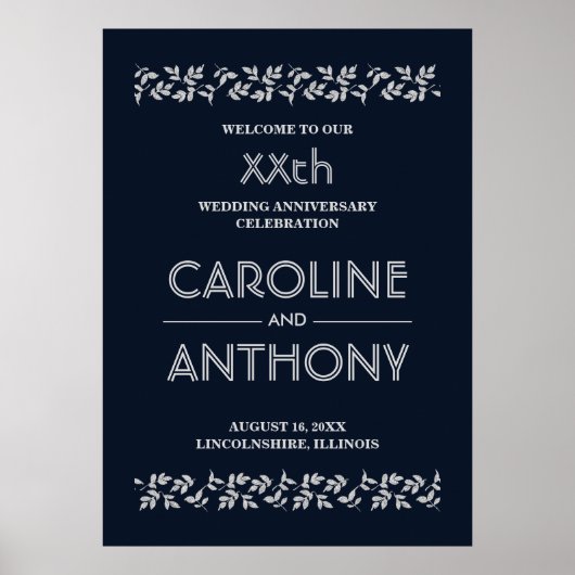 Navy Blue Silver Wedding Jubileum Welkom Poster (Voorkant)