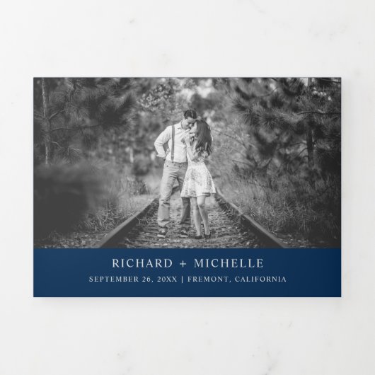 Navy Blue Silver Wereldkaart Alles in een bruiloft Drieluik Uitnodiging (Cover)